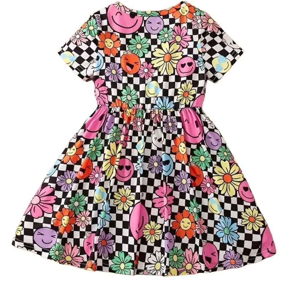 Girls Dress Checkered Smiley Face‎ Flower Print Short Sleeve Casual Party